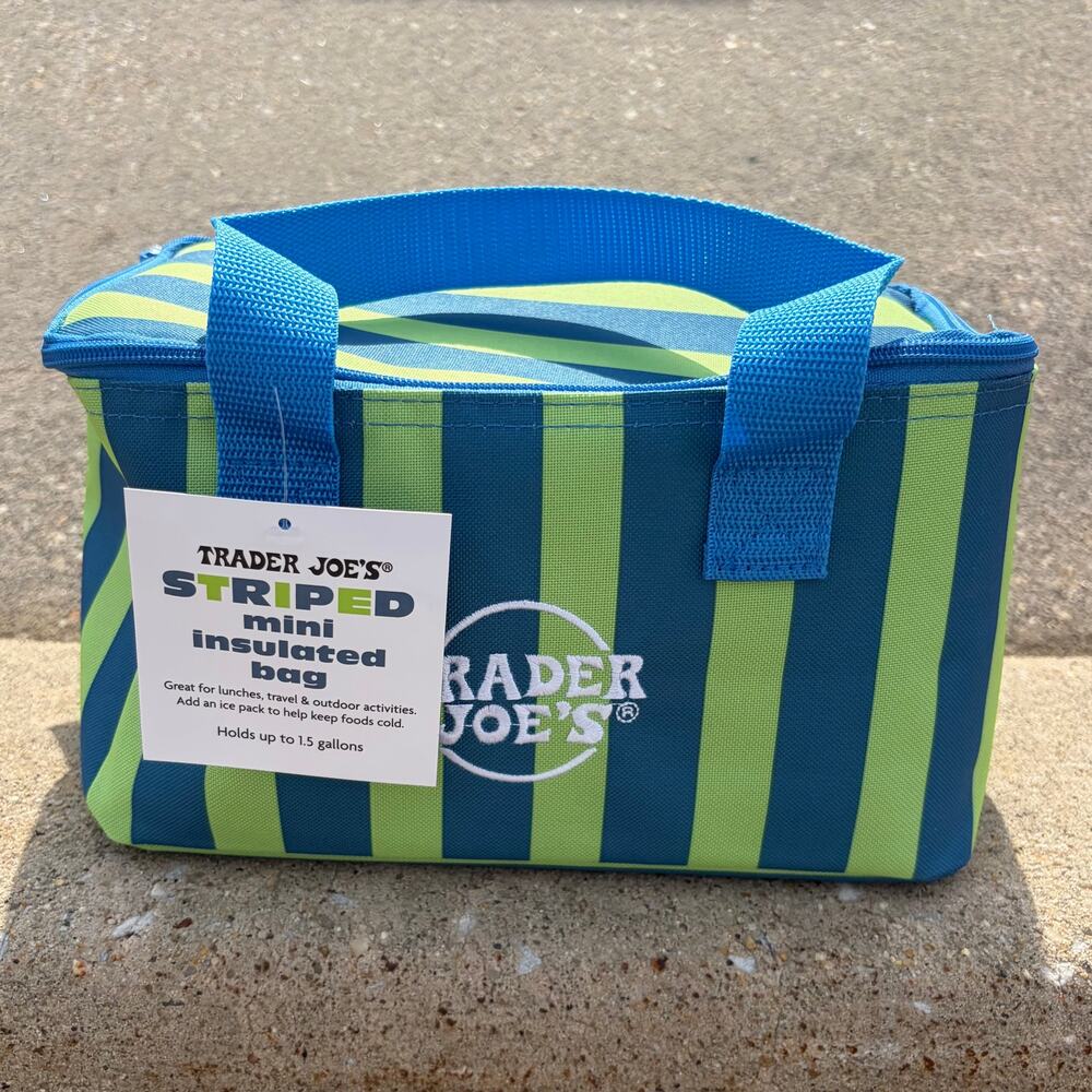 Set of 2 Trader Joe’s Mini Insulated Cooler Bag Shopping Tote STRIPED BLUE GREEN - Picture 2 of 3